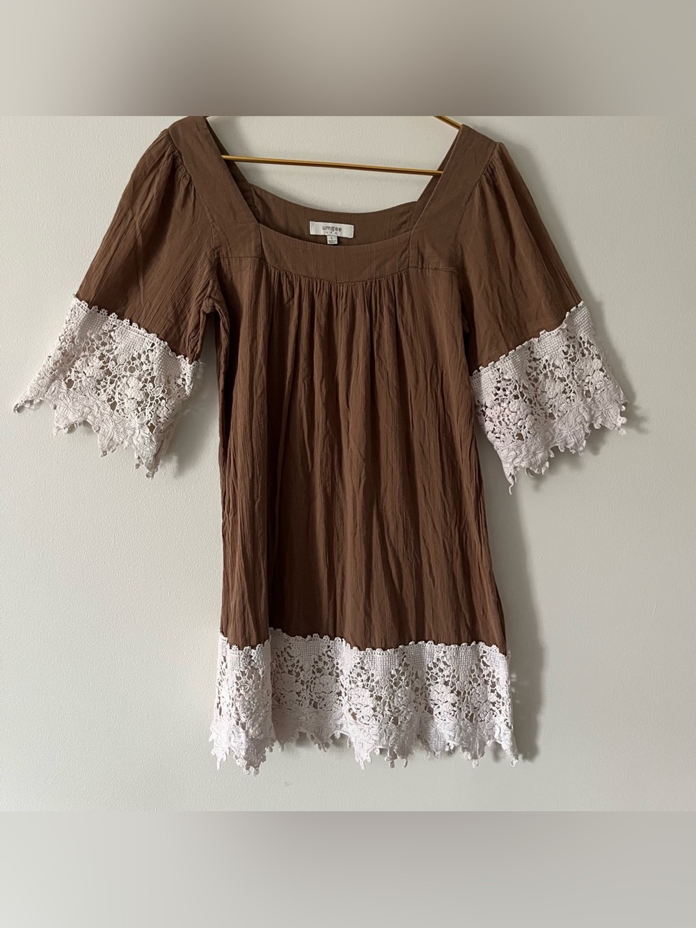 Umgee Brown Crochet Lace-Trim Gauzy Flowy Peasant Boho Mini Dress 3/4 Sleeve L